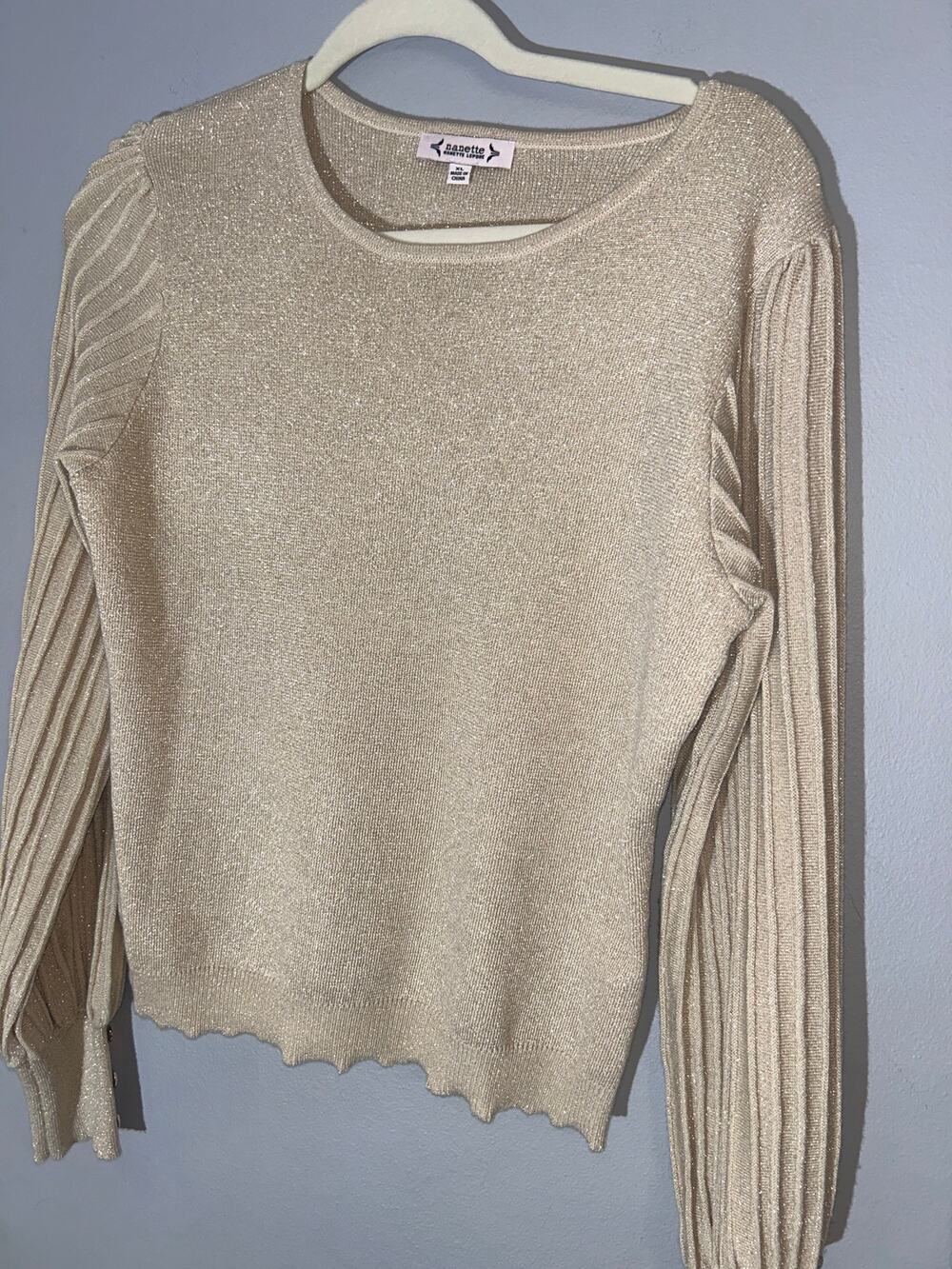 Nanette Lepore Gold Metallic Sweater XL Ruffle Balloon Holiday Party Luxe Glam